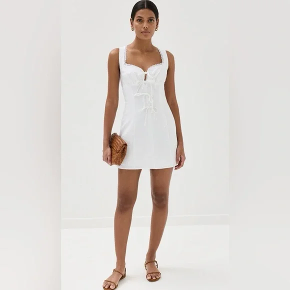 Reformation Reia White Linen Bow Mini Dress Lace Trim Women’s Size 6 - Picture 5 of 10